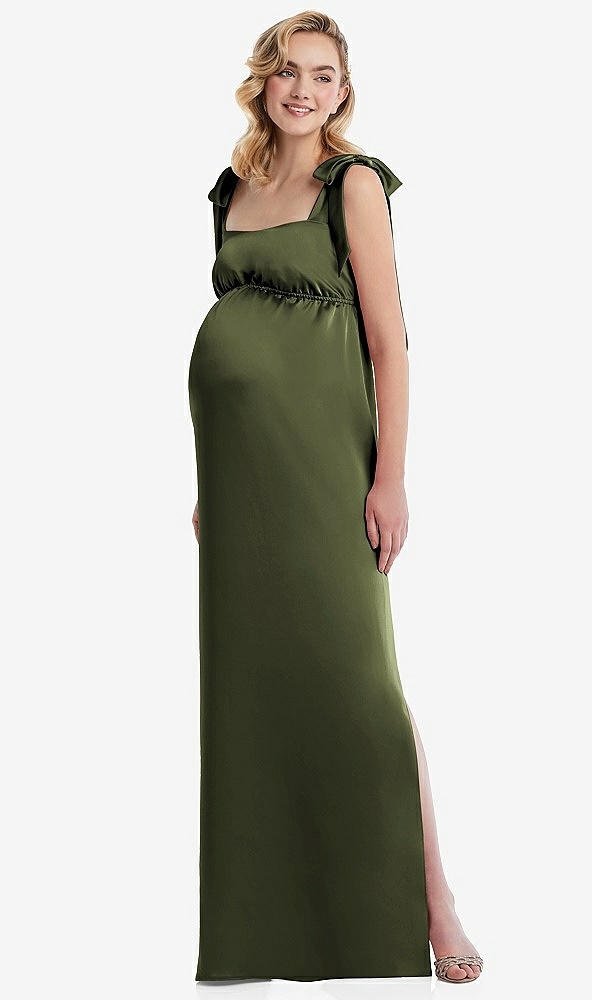 Front View - Olive Green Flat Tie-Shoulder Empire Waist Maternity Dress