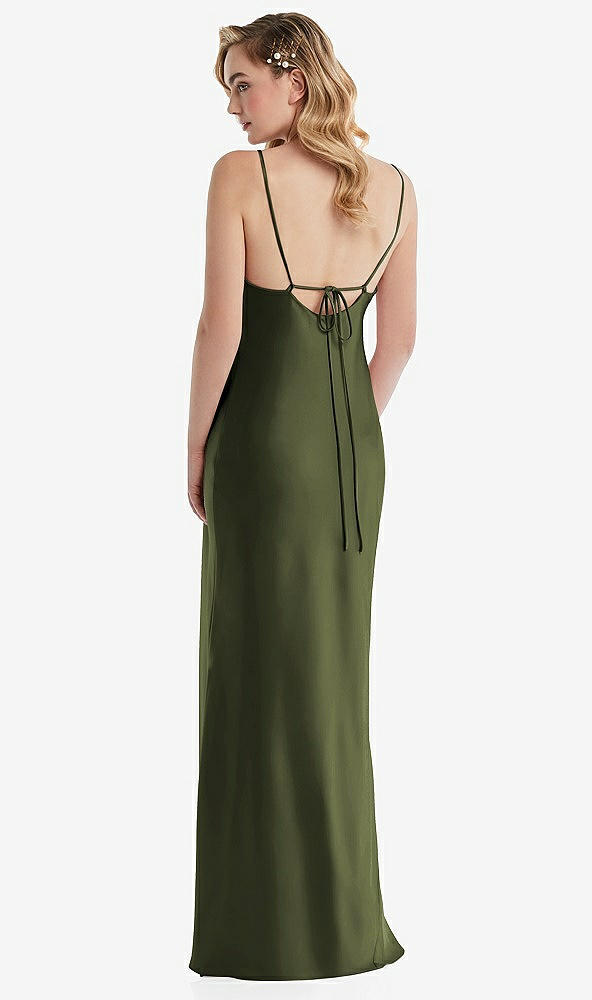 Back View - Olive Green Cowl-Neck Tie-Strap Maternity Slip Dress