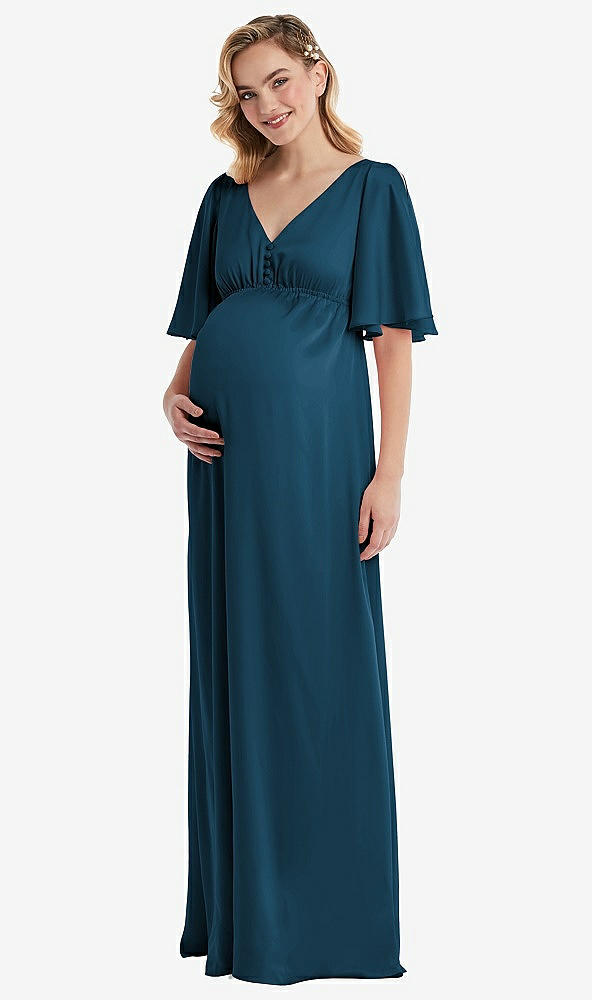 Front View - Atlantic Blue Flutter Bell Sleeve Empire Maternity Dress