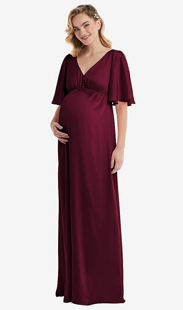 Front View - Cabernet Flutter Bell Sleeve Empire Maternity Dress
