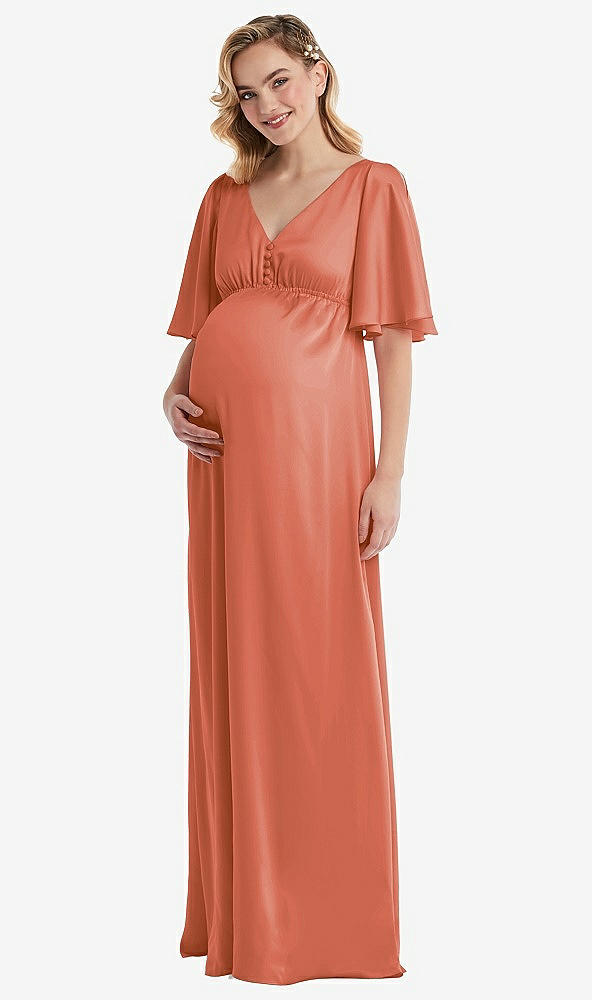 Front View - Terracotta Copper Flutter Bell Sleeve Empire Maternity Dress