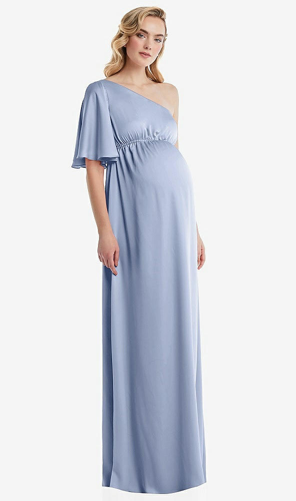 Front View - Sky Blue One-Shoulder Flutter Sleeve Maternity Dress