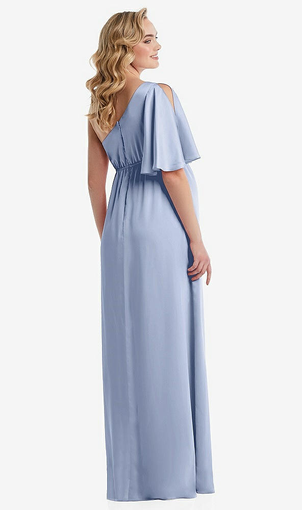 Back View - Sky Blue One-Shoulder Flutter Sleeve Maternity Dress