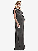 Side View Thumbnail - Caviar Gray One-Shoulder Ruffle Sleeve Maternity Trumpet Gown