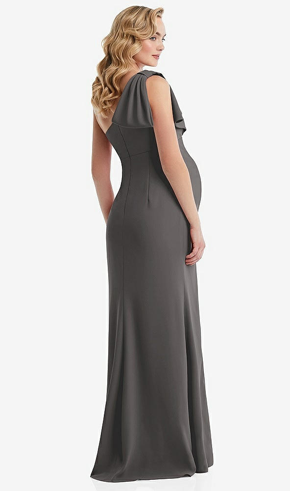 Back View - Caviar Gray One-Shoulder Ruffle Sleeve Maternity Trumpet Gown