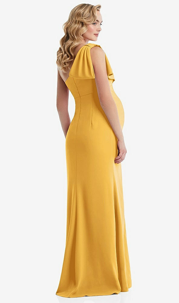 Back View - NYC Yellow One-Shoulder Ruffle Sleeve Maternity Trumpet Gown