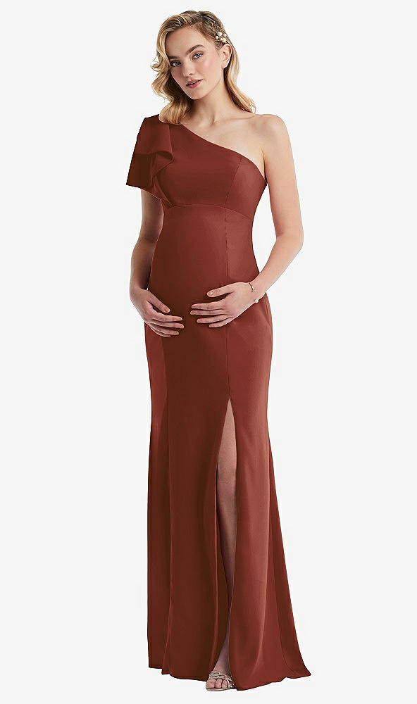 Front View - Auburn Moon One-Shoulder Ruffle Sleeve Maternity Trumpet Gown