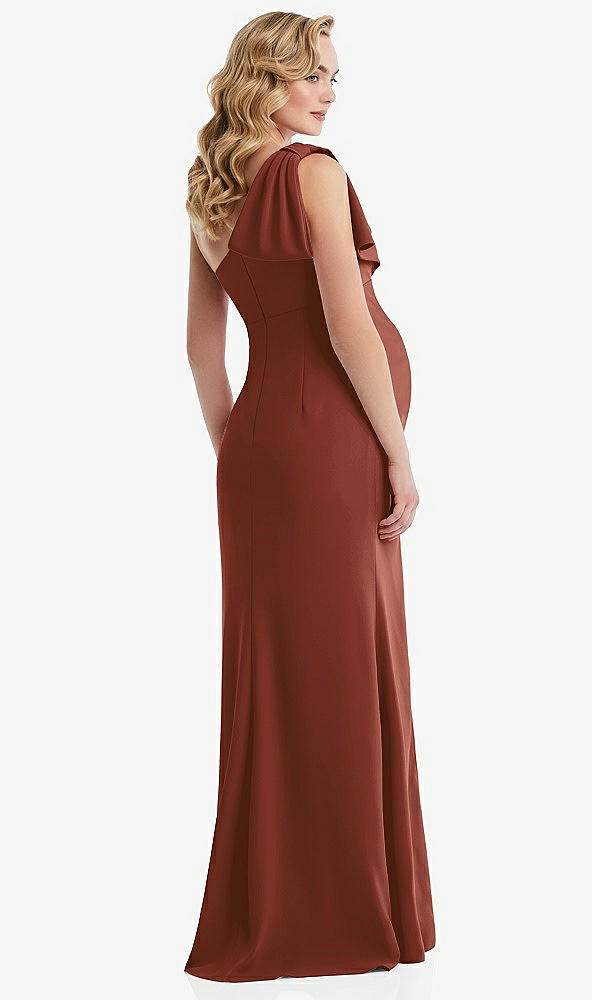 Back View - Auburn Moon One-Shoulder Ruffle Sleeve Maternity Trumpet Gown