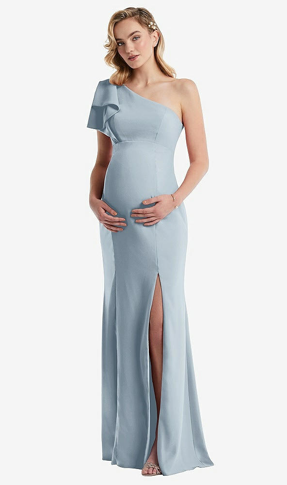 Front View - Mist One-Shoulder Ruffle Sleeve Maternity Trumpet Gown