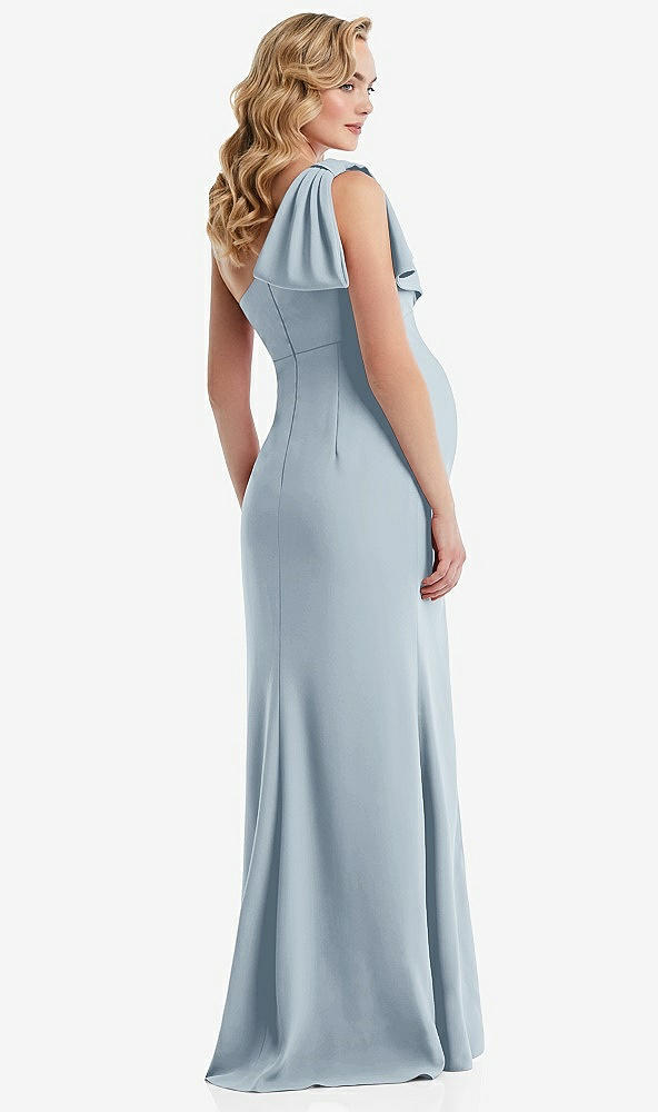 Back View - Mist One-Shoulder Ruffle Sleeve Maternity Trumpet Gown