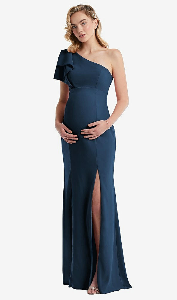 Front View - Sofia Blue One-Shoulder Ruffle Sleeve Maternity Trumpet Gown