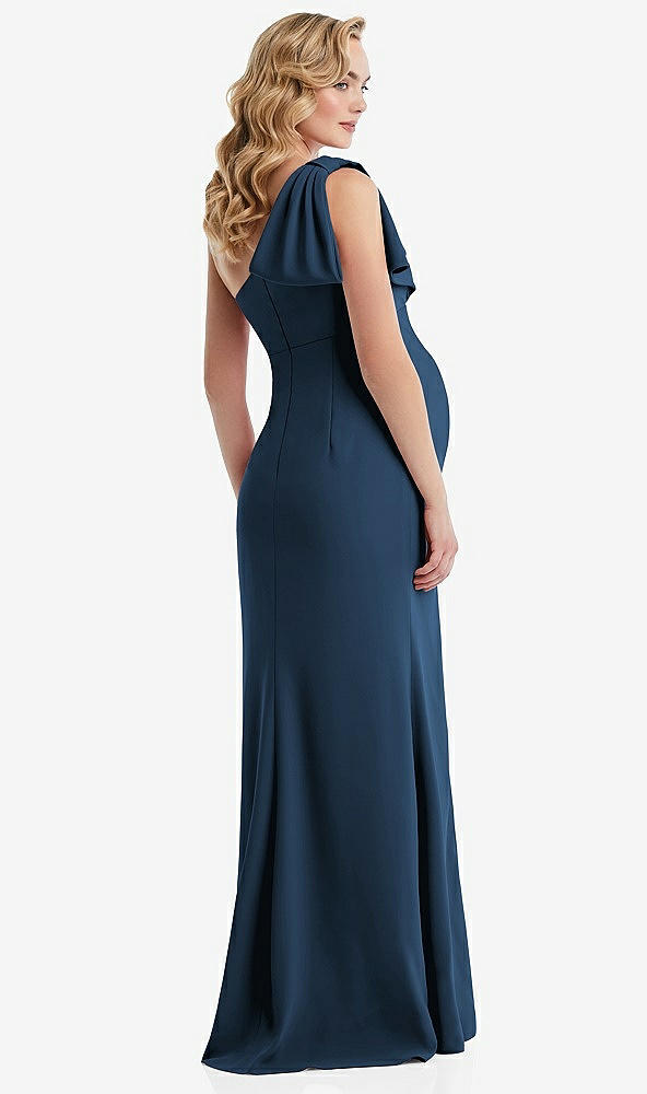 Back View - Sofia Blue One-Shoulder Ruffle Sleeve Maternity Trumpet Gown