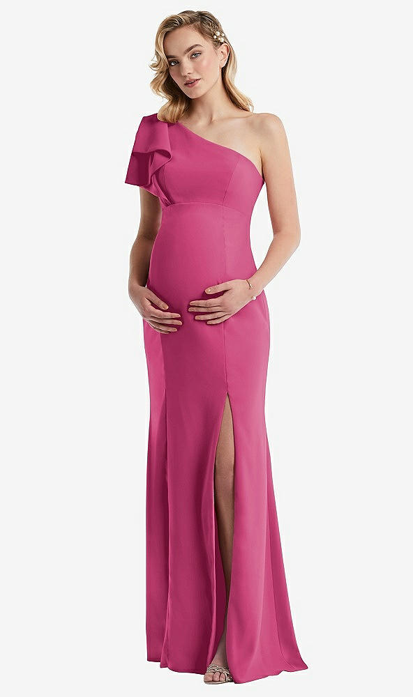 Front View - Tea Rose One-Shoulder Ruffle Sleeve Maternity Trumpet Gown