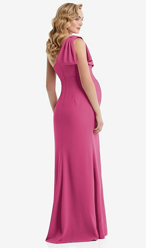 Back View - Tea Rose One-Shoulder Ruffle Sleeve Maternity Trumpet Gown