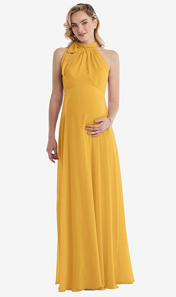 Front View - NYC Yellow Scarf Tie High Neck Halter Chiffon Maternity Dress