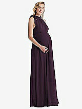 Side View Thumbnail - Aubergine Scarf Tie High Neck Halter Chiffon Maternity Dress
