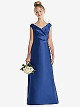 Front View Thumbnail - Classic Blue Off-the-Shoulder Draped Wrap Satin Junior Bridesmaid Dress