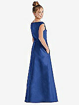 Rear View Thumbnail - Classic Blue Off-the-Shoulder Draped Wrap Satin Junior Bridesmaid Dress