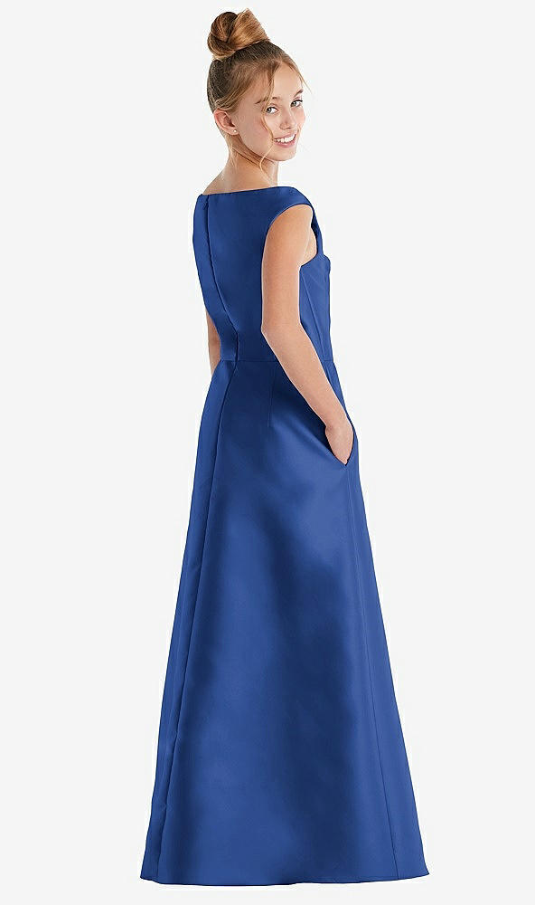 Back View - Classic Blue Off-the-Shoulder Draped Wrap Satin Junior Bridesmaid Dress