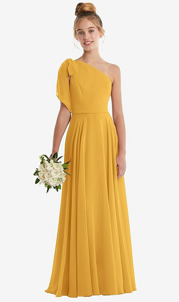 Front View - NYC Yellow One-Shoulder Scarf Bow Chiffon Junior Bridesmaid Dress