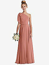 Front View Thumbnail - Desert Rose One-Shoulder Scarf Bow Chiffon Junior Bridesmaid Dress