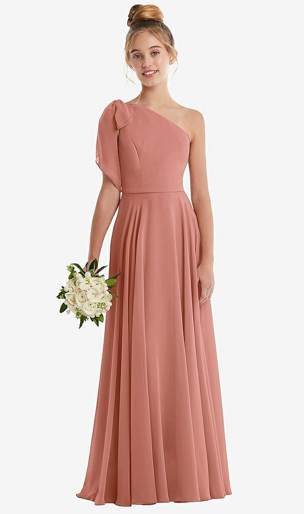Front View - Desert Rose One-Shoulder Scarf Bow Chiffon Junior Bridesmaid Dress
