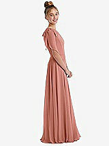 Side View Thumbnail - Desert Rose One-Shoulder Scarf Bow Chiffon Junior Bridesmaid Dress