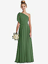 Front View Thumbnail - Vineyard Green One-Shoulder Scarf Bow Chiffon Junior Bridesmaid Dress