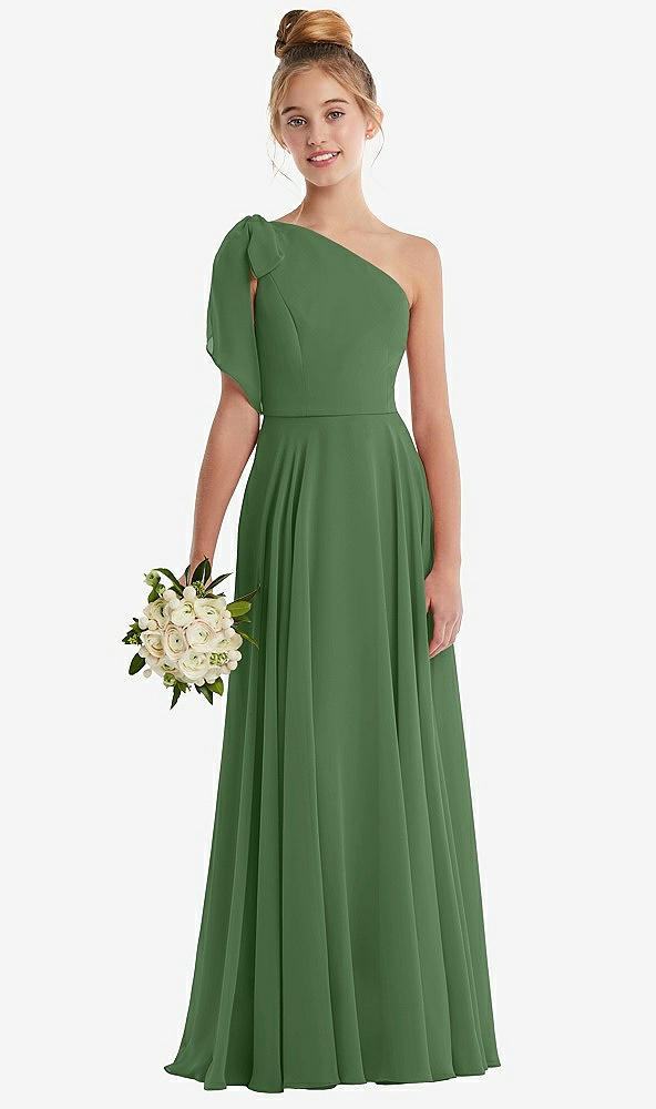 Front View - Vineyard Green One-Shoulder Scarf Bow Chiffon Junior Bridesmaid Dress