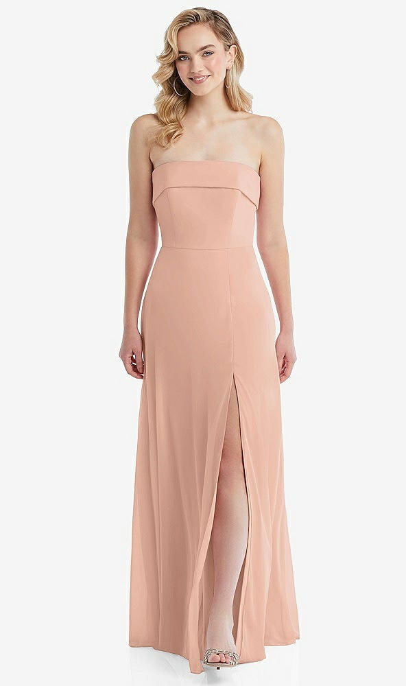 Front View - Pale Peach Cuffed Strapless Maxi Dress with Front Slit