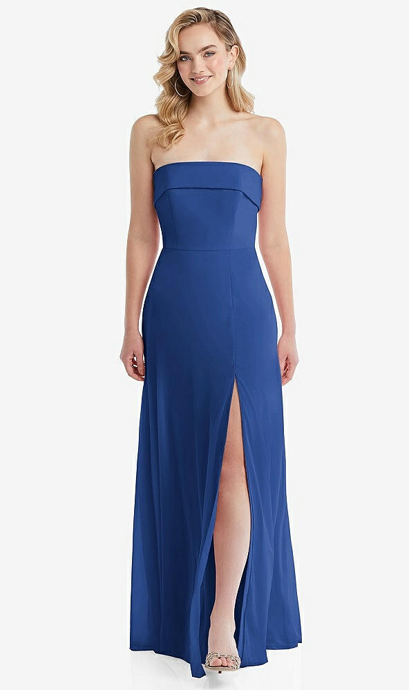Front View - Classic Blue Cuffed Strapless Maxi Dress with Front Slit