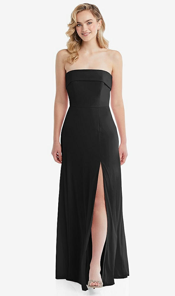 Front View - Black Cuffed Strapless Maxi Dress with Front Slit