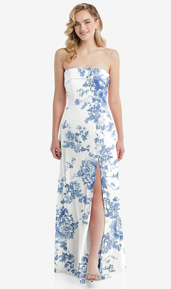 Front View - Cottage Rose Dusk Blue Cuffed Strapless Maxi Dress with Front Slit