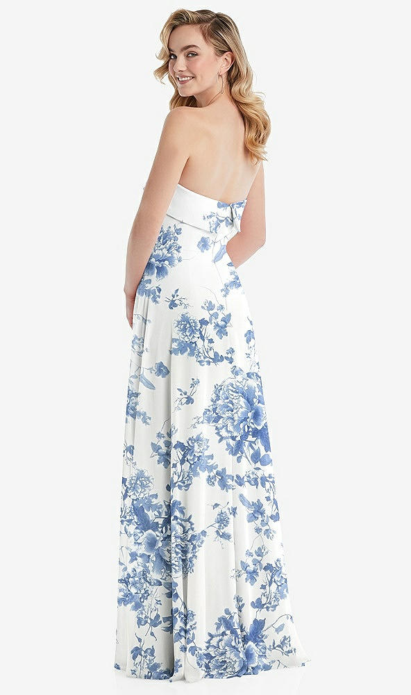 Back View - Cottage Rose Dusk Blue Cuffed Strapless Maxi Dress with Front Slit