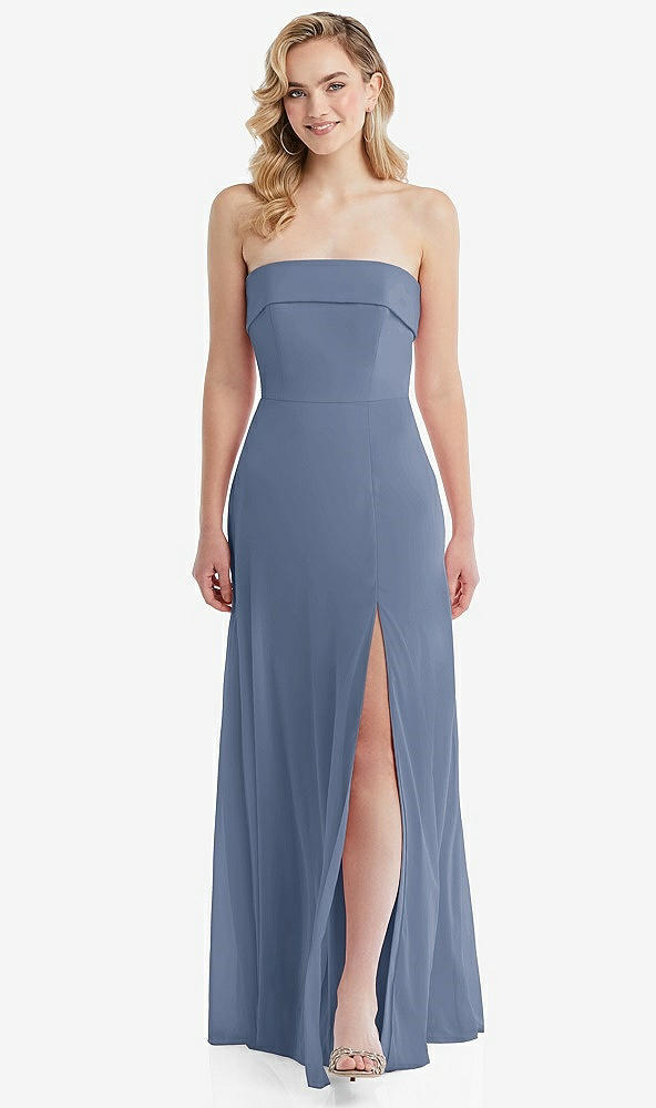Front View - Larkspur Blue Cuffed Strapless Maxi Dress with Front Slit