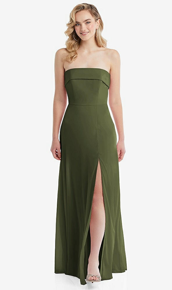 Front View - Olive Green Cuffed Strapless Maxi Dress with Front Slit
