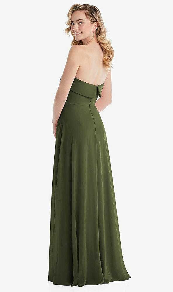 Back View - Olive Green Cuffed Strapless Maxi Dress with Front Slit