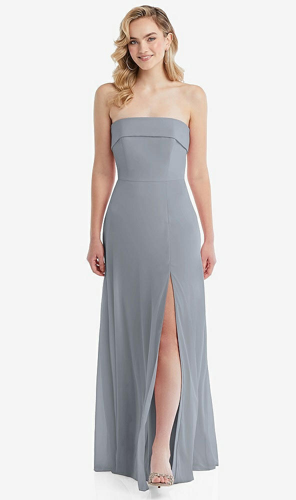 Front View - Platinum Cuffed Strapless Maxi Dress with Front Slit