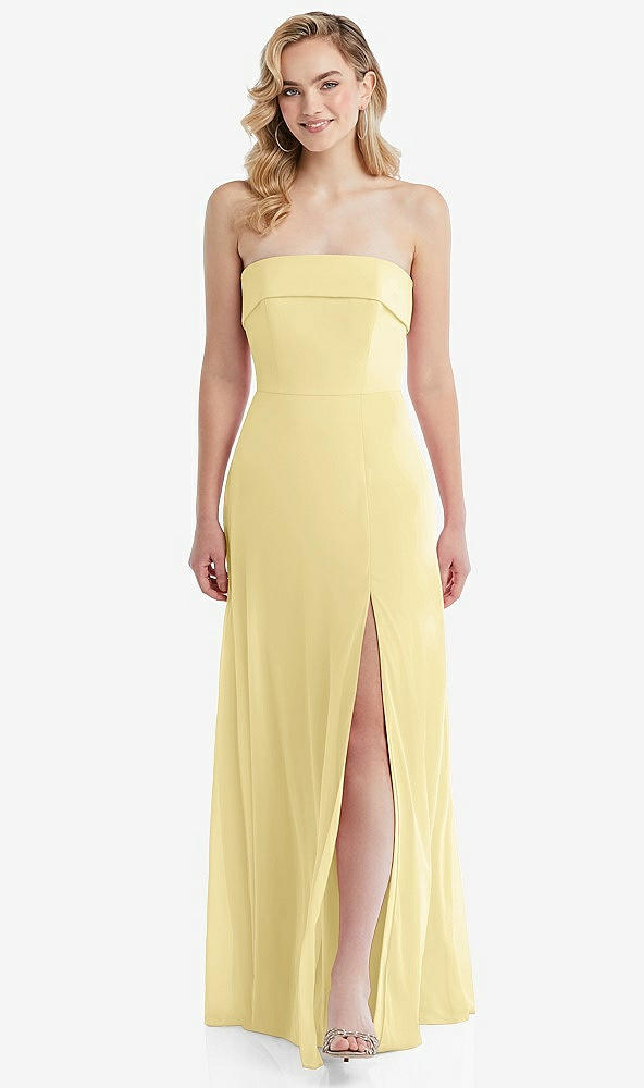 Front View - Pale Yellow Cuffed Strapless Maxi Dress with Front Slit