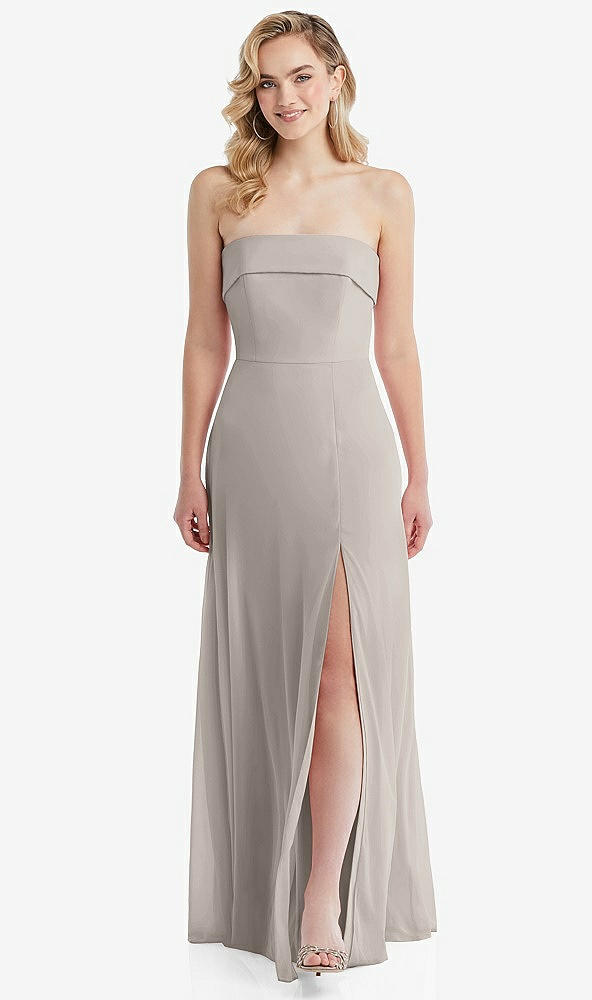 Front View - Taupe Cuffed Strapless Maxi Dress with Front Slit