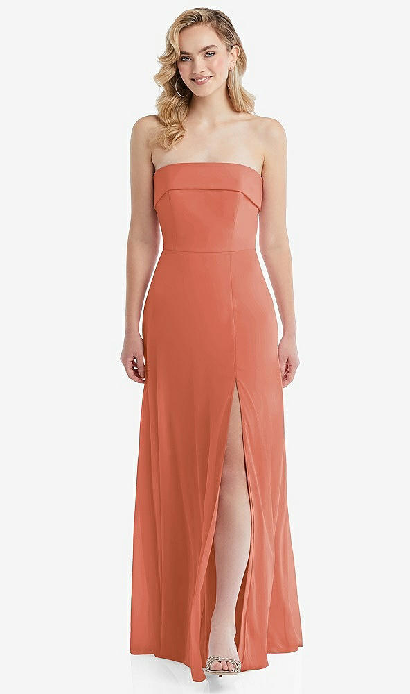 Front View - Terracotta Copper Cuffed Strapless Maxi Dress with Front Slit