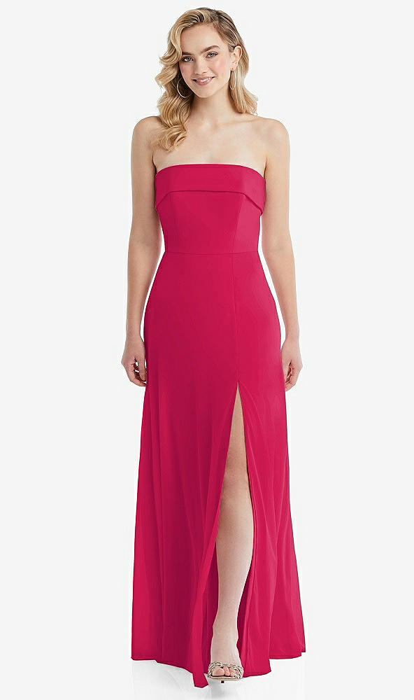 Front View - Vivid Pink Cuffed Strapless Maxi Dress with Front Slit