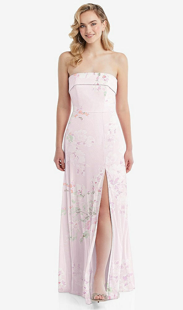 Front View - Watercolor Print Cuffed Strapless Maxi Dress with Front Slit