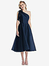 Front View Thumbnail - Midnight Navy Scarf-Tie One-Shoulder Organdy Midi Dress 