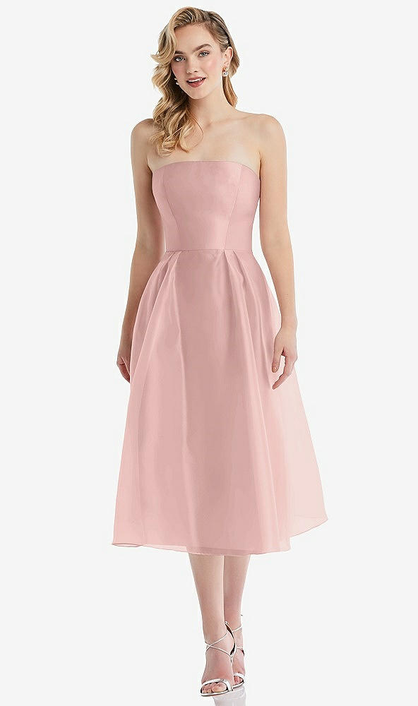 Front View - Rose - PANTONE Rose Quartz Strapless Pleated Skirt Organdy Midi Dress
