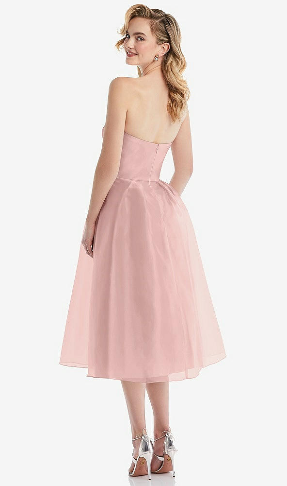Back View - Rose - PANTONE Rose Quartz Strapless Pleated Skirt Organdy Midi Dress