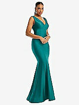 Alt View 1 Thumbnail - Peacock Teal Shirred Shoulder Stretch Satin Mermaid Dress with Slight Train