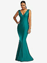 Front View Thumbnail - Peacock Teal Shirred Shoulder Stretch Satin Mermaid Dress with Slight Train
