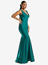 Side View Thumbnail - Peacock Teal Shirred Shoulder Stretch Satin Mermaid Dress with Slight Train