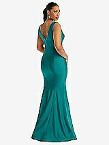 Rear View Thumbnail - Peacock Teal Shirred Shoulder Stretch Satin Mermaid Dress with Slight Train
